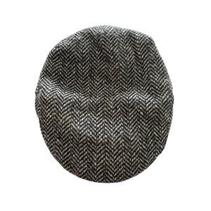 Hanna Hats Mens Gray Black Her­ring­bone Tweed Clas­sic Flat Newsboy Cap Size M